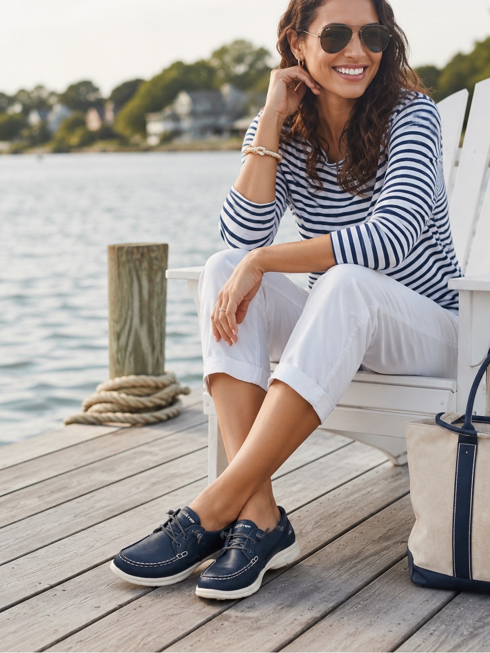 Skechers GO STEP Goga Max Boat Shoes Navy Leather Nautical Loafer Women 7.5 VGUC